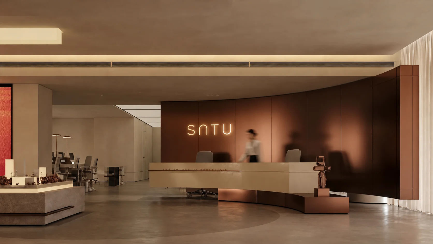 SATU Philippines studio reception with illuminated logo and material palette